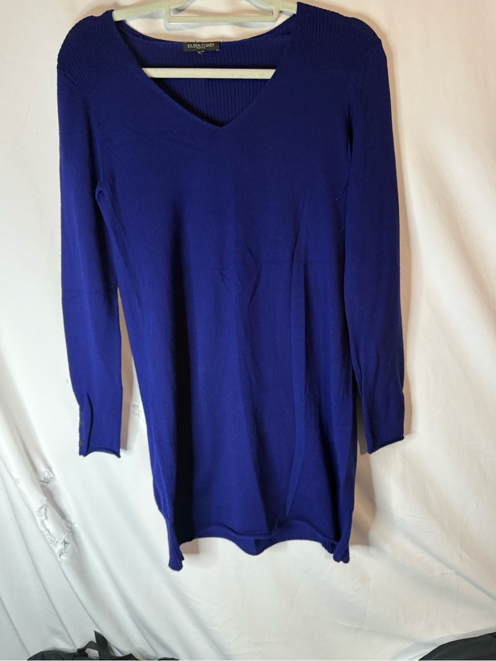 Eileen Fisher Petite Merino Wool Sweater Approx M Blue V Neck Tunic Long Sleeve